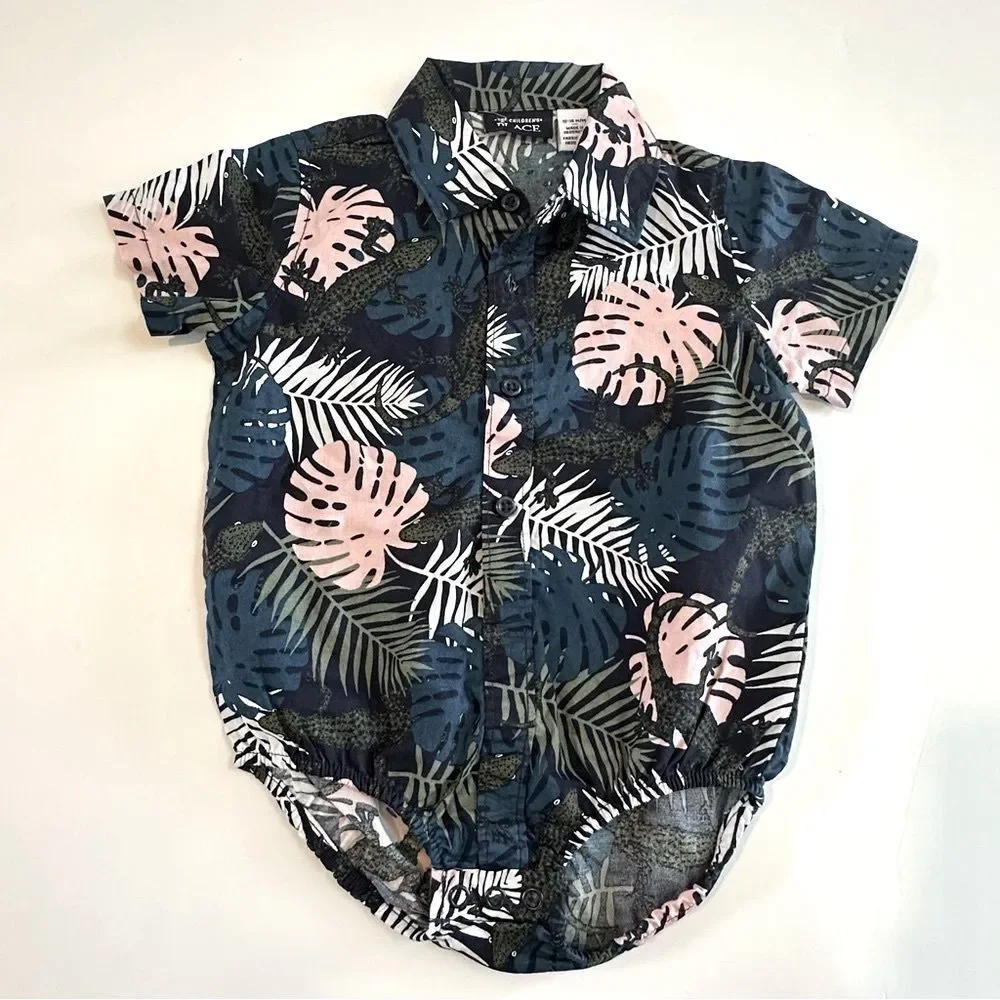 NWT The Children's Place Tropical Blue Green Pink Button Down Shirt SZ 12-18 Mos